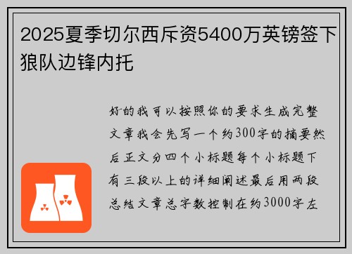 2025夏季切尔西斥资5400万英镑签下狼队边锋内托
