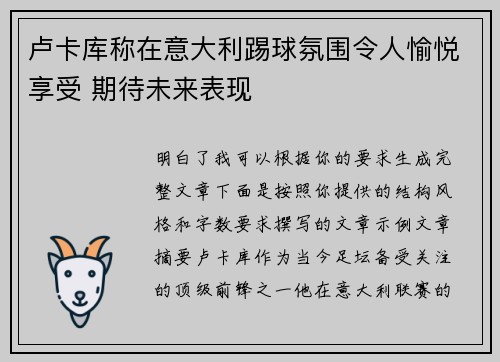 卢卡库称在意大利踢球氛围令人愉悦享受 期待未来表现