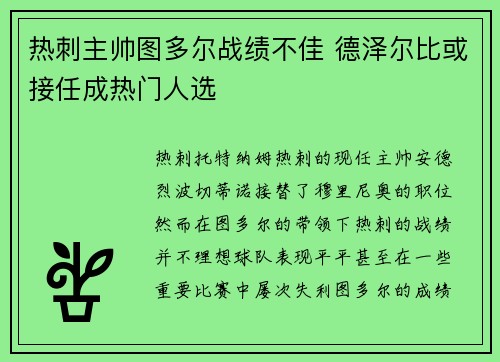 热刺主帅图多尔战绩不佳 德泽尔比或接任成热门人选